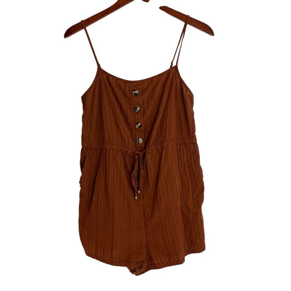 Shein Womens Cotton Sleeveless Button Front Romper Shorts Brown Size Small
